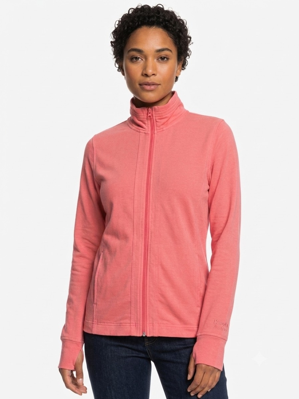 Roots Active Coral Pink Full Zip Jacket Embroidered Sleeve Logo Size Small